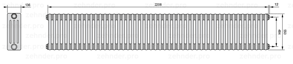 Схема (чертеж) Радиатор Zehnder Charleston 4055/48 №7610 Белый глянцевый RAL 9016